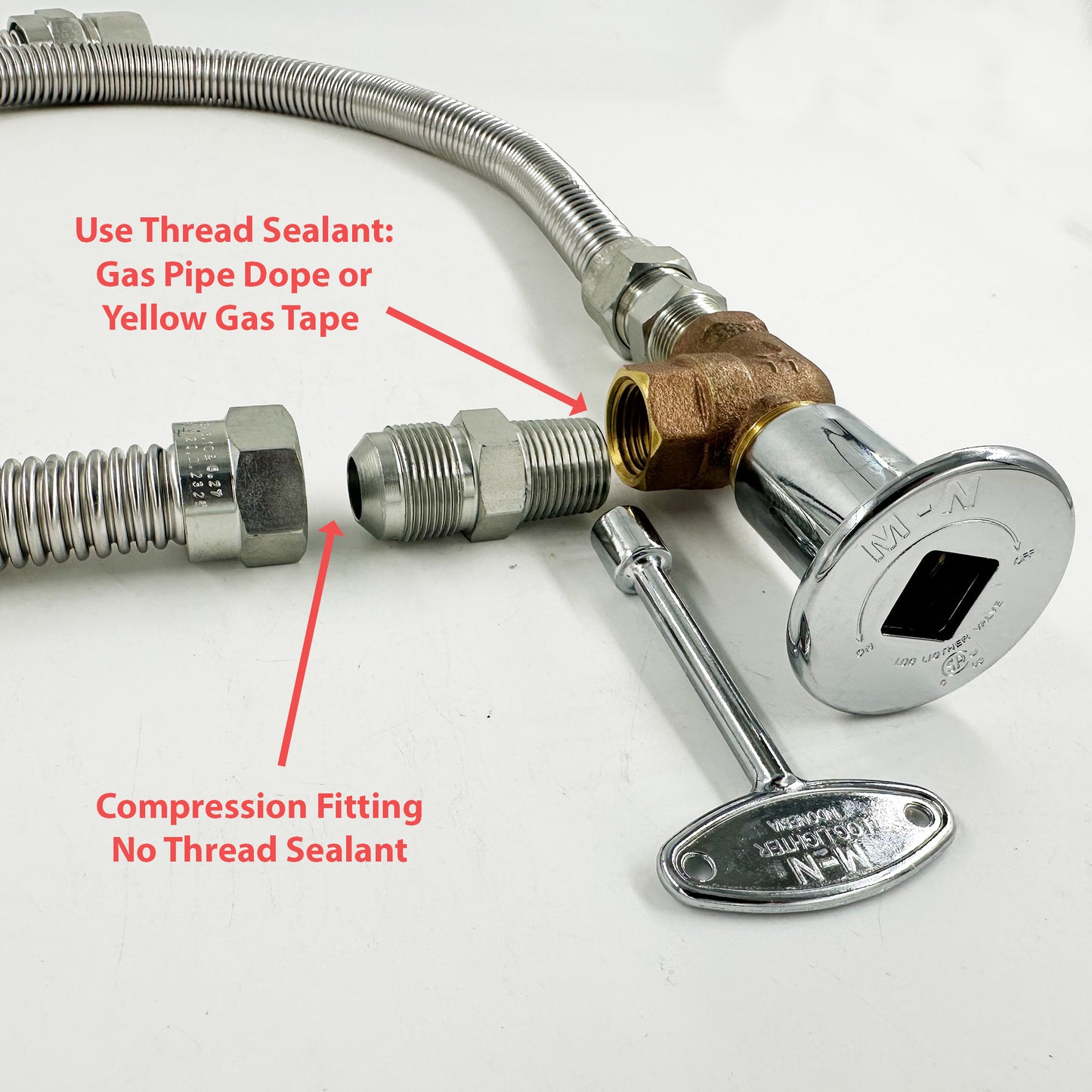 Metal hose and fitting with text on a white background