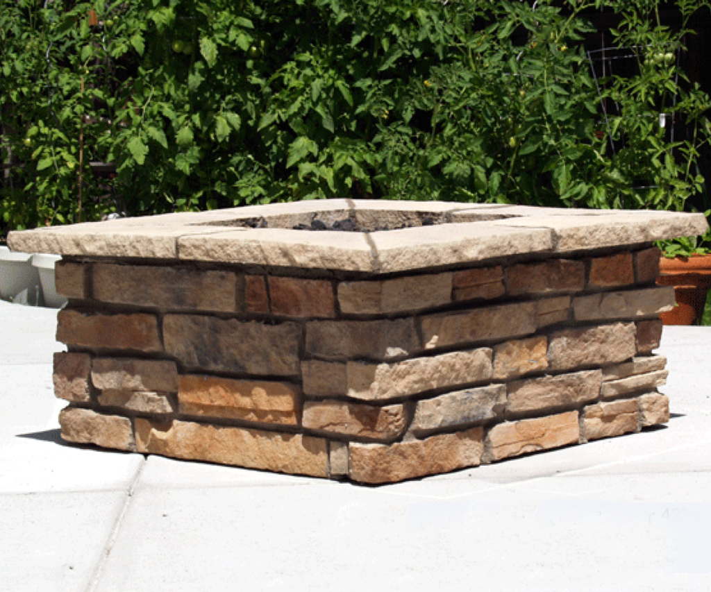 Square Custom Stone Gas Fire Pit-Base stone: Kansas Ledge Stone
Cap stone: Natural