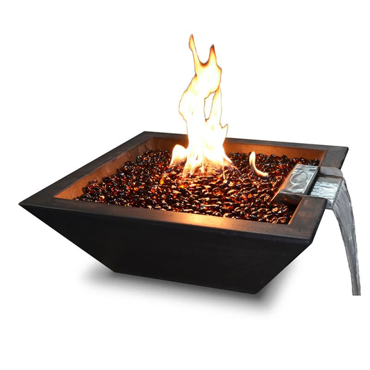 A modern fire pit with a water ledge.