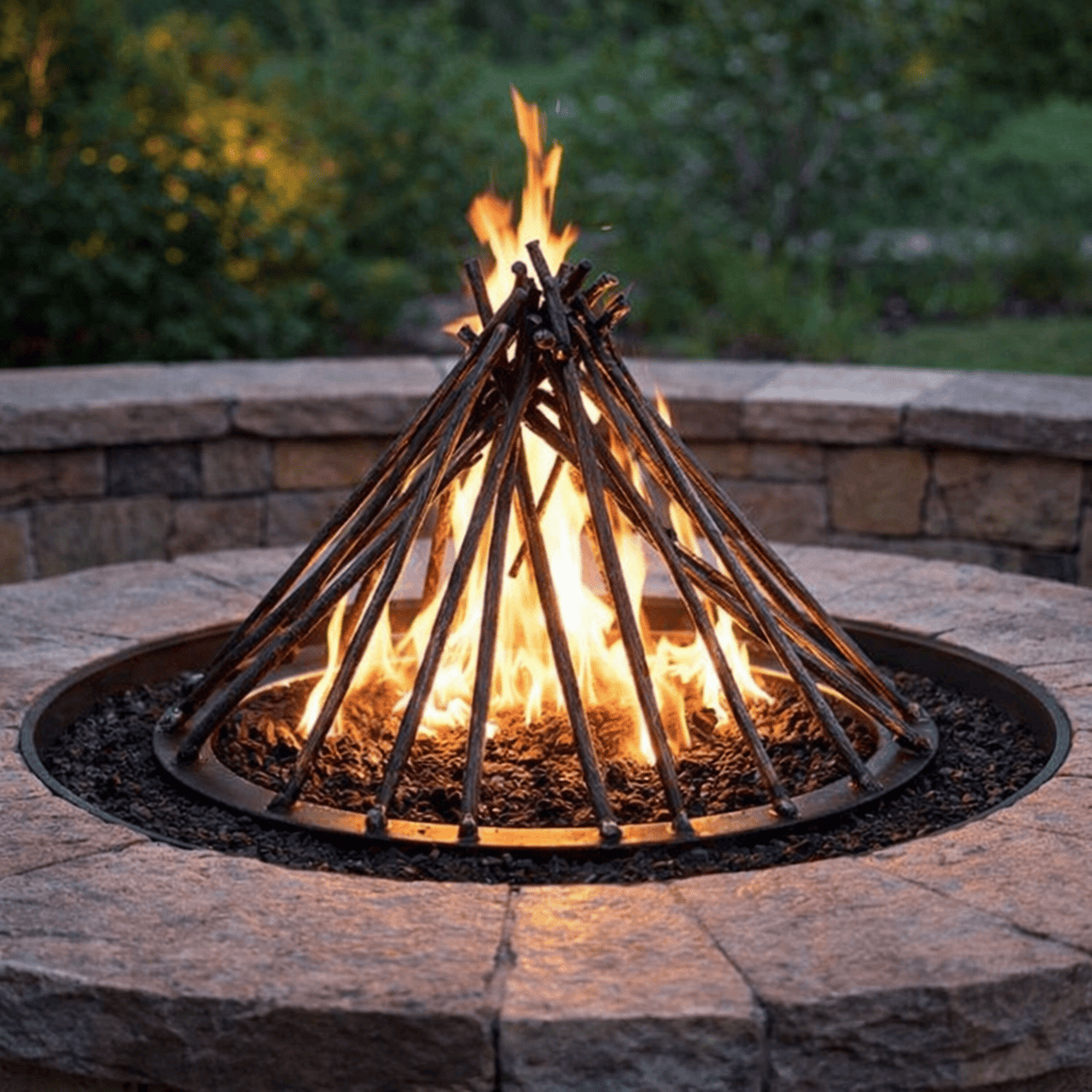 Fire pit with flames on a stone patio with 22" Fire Twig Sculpture.