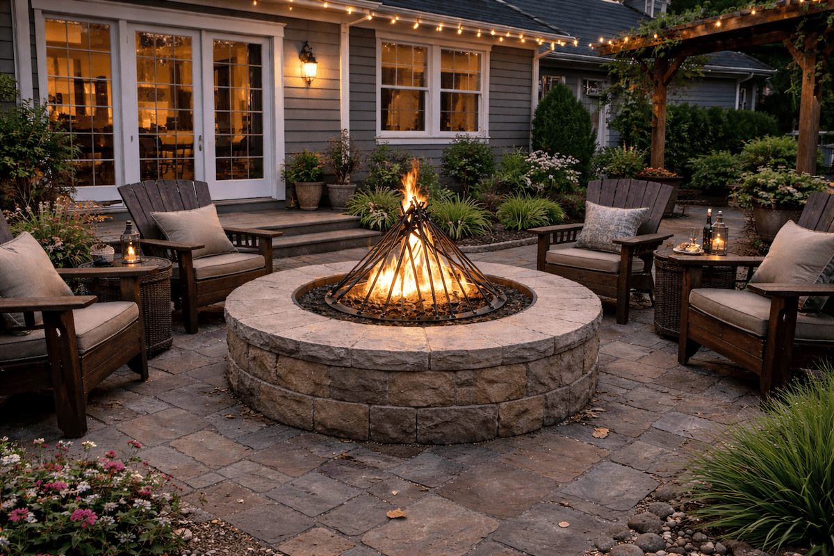 Outdoor patio with fire pit with 22" Fire Twig Sculpture, chairs, and decorative elements.