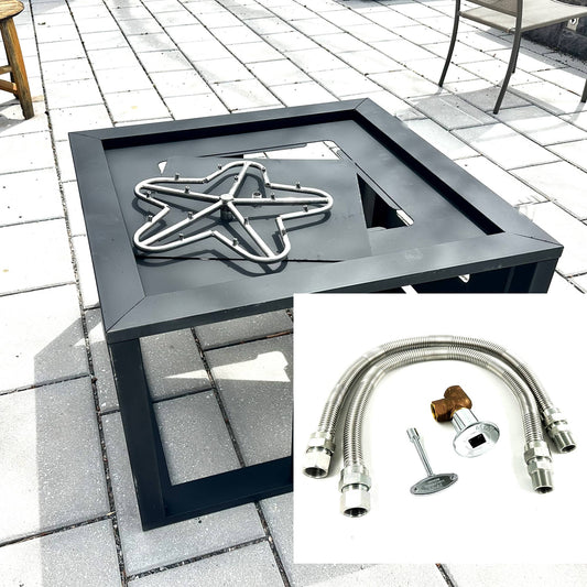 Metal Custom Square Fire Pit Kit 27″ with star design on a patio, inset showing plumbing parts.