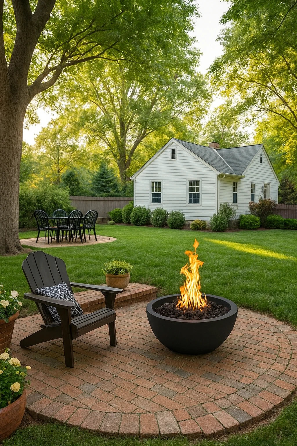 Outdoor patio with 33" Sedona Gas Fire Pit Bowl, chairs, and a house in the background