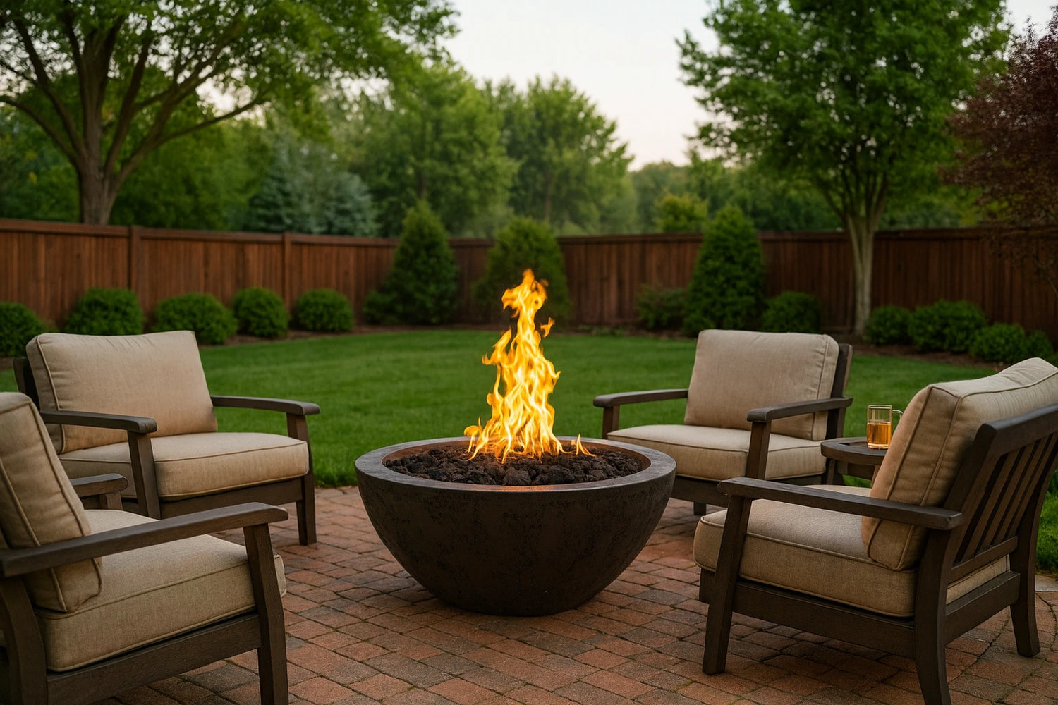 Outdoor patio with 33" Sedona Gas Fire Pit Bowl and chairs in a backyard setting