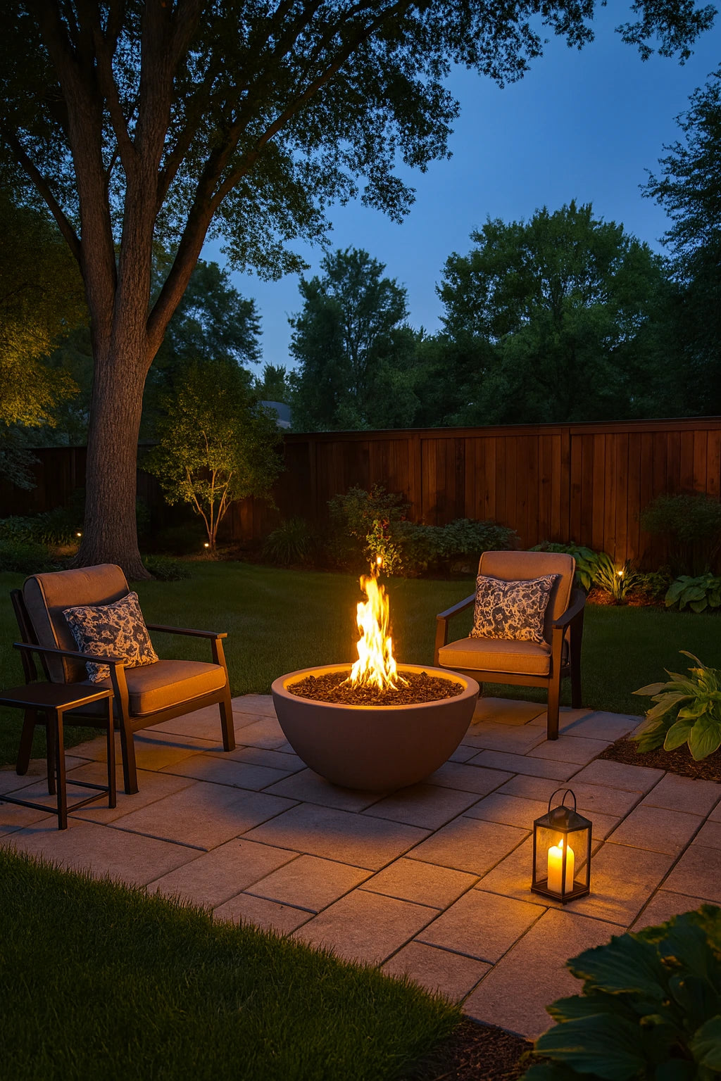 Backyard setting with a 33" Sedona Gas Fire Pit Bowl, chairs, and lanterns at dusk.