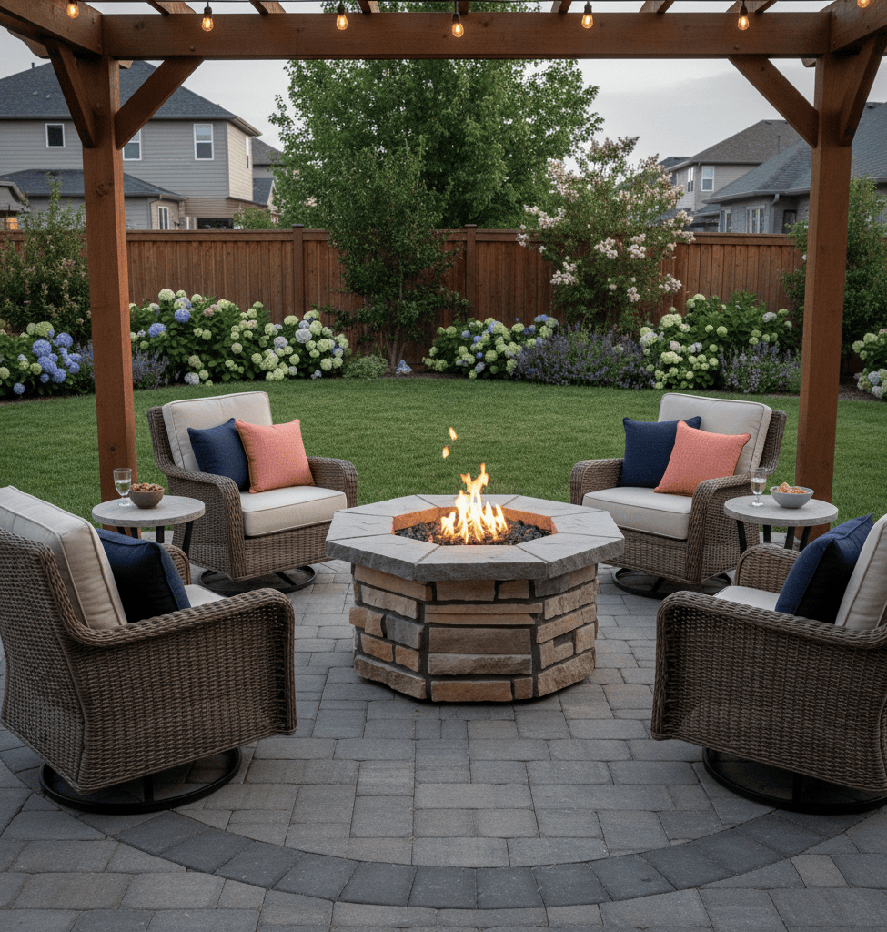Outdoor patio with 36″ Octagon Custom Stone Gas Fire Pit and chairs in a backyard setting