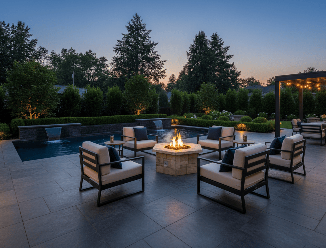 Outdoor patio with chairs around a 36″ Octagon Custom Stone Gas Fire Pit at dusk.