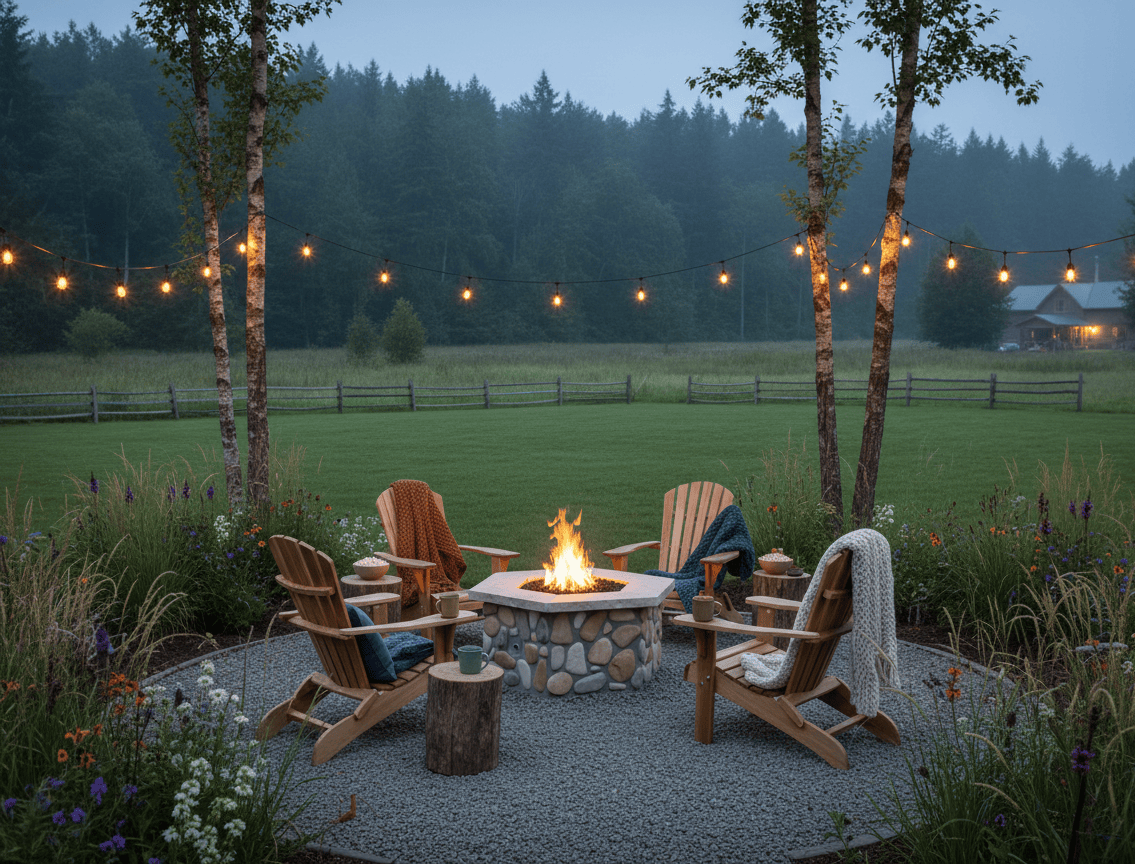 Outdoor setting with wooden chairs around a 36″ Octagon Custom Stone Gas Fire Pit at dusk, surrounded by nature.