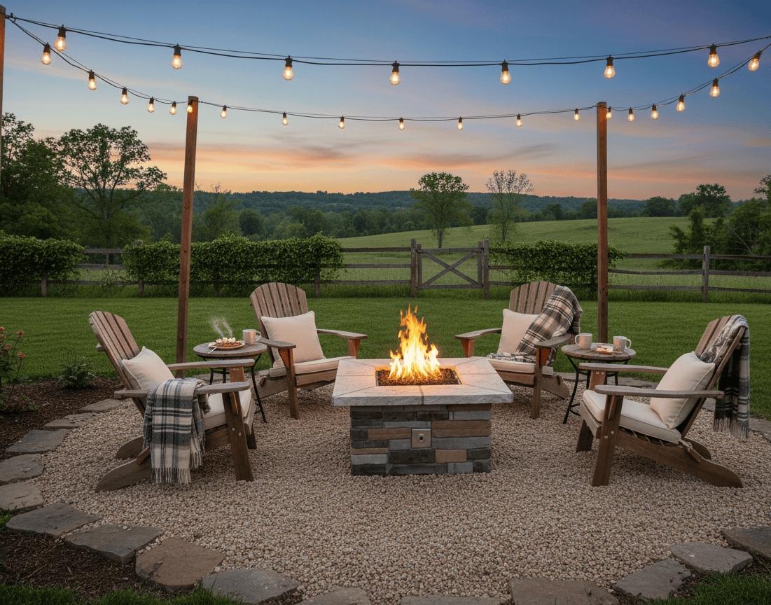 Outdoor patio with 36″ Square Custom Stone Gas Fire Pit, chairs, and string lights during sunset.