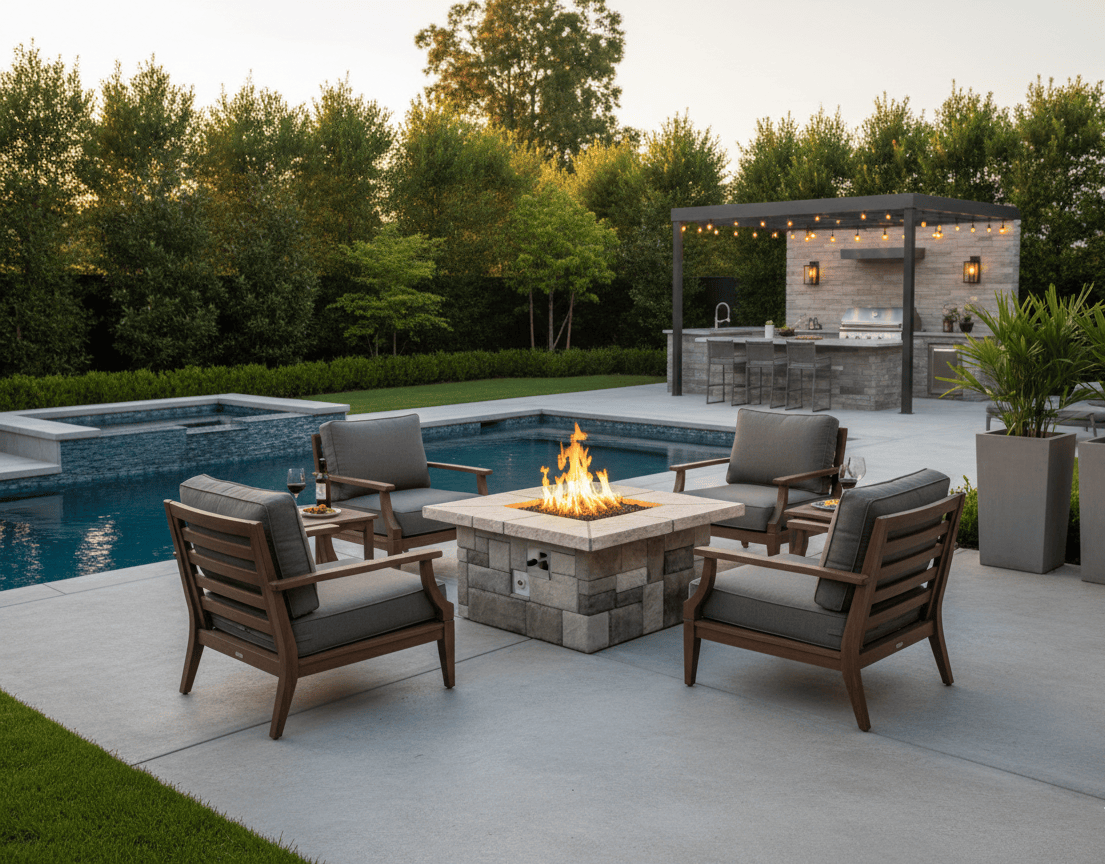 Outdoor patio with 36″ Square Custom Stone Gas Fire Pit table, chairs, and pool in the background