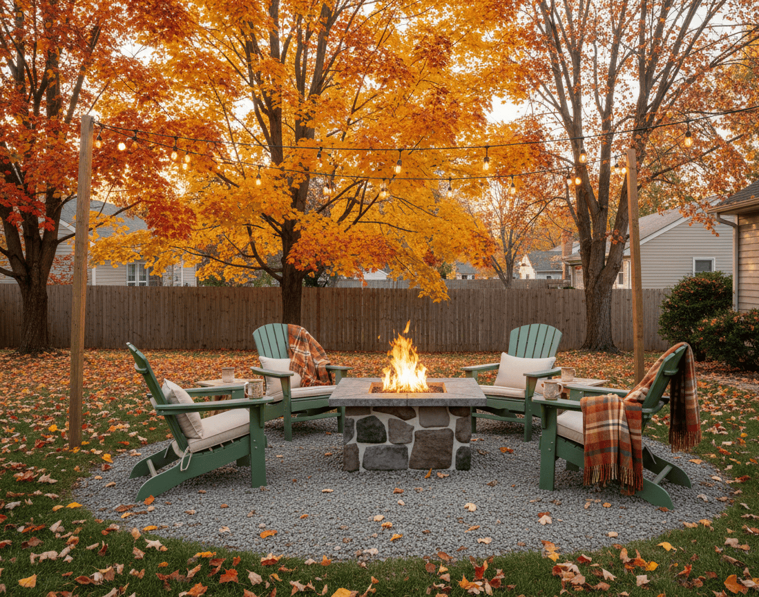 36″ Square Custom Stone Gas Fire Pit area with chairs and blankets in a backyard during autumn.