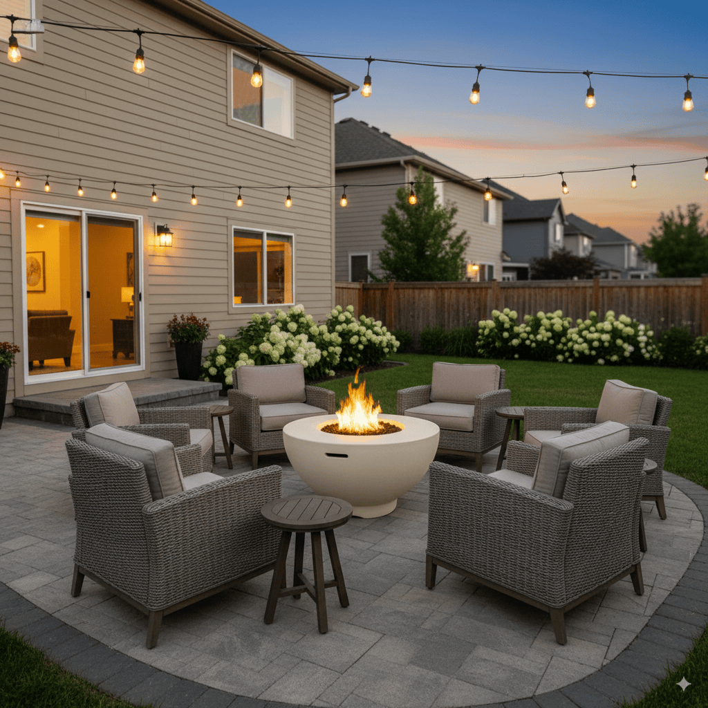 Outdoor patio with 37" Sienna Gas Fire Pit, chairs, and string lights during evening.
