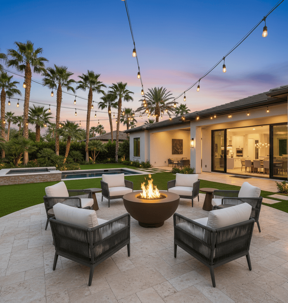 Outdoor patio with 37" Sienna Gas Fire Pit, chairs, and palm trees at dusk.