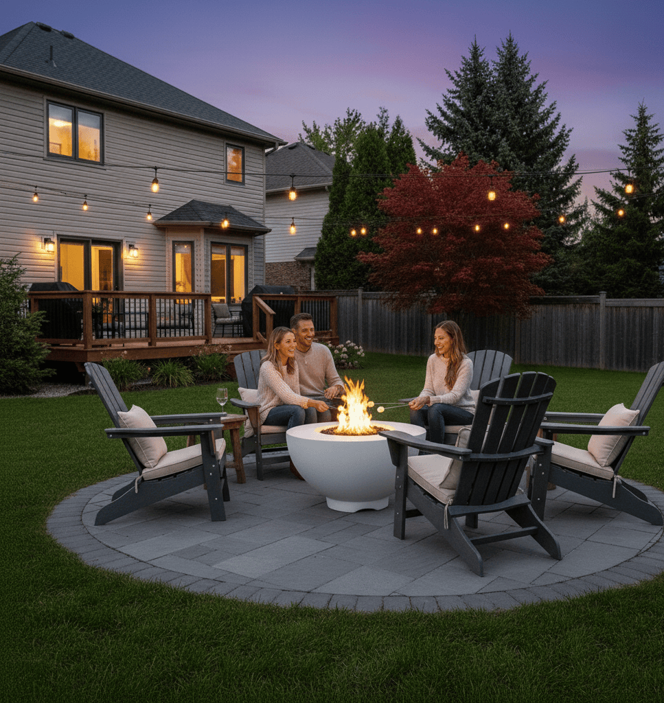 People sitting around a 37" Sienna Gas Fire Pit in a backyard at dusk.