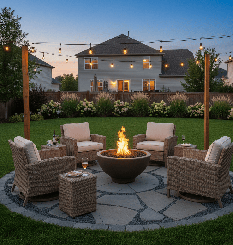 Outdoor patio with 38" Sonoma Gas Fire Pit Bowl, chairs, and string lights in a residential backyard.