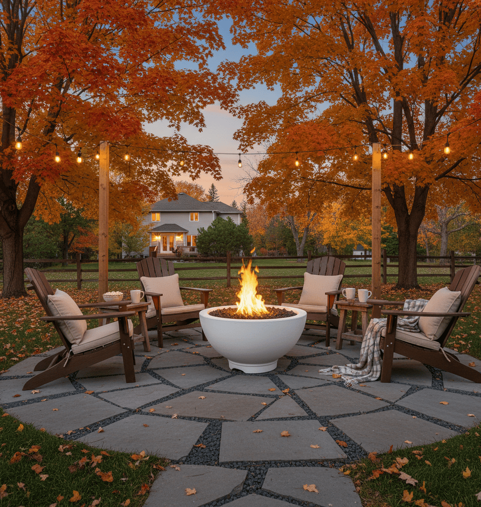 Outdoor patio with 38" Sonoma Gas Fire Pit Bowl, chairs, and autumn trees.