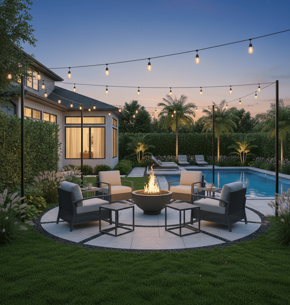 Evening backyard with 38" Sonoma Gas Fire Pit Bowl, seating area, and string lights.