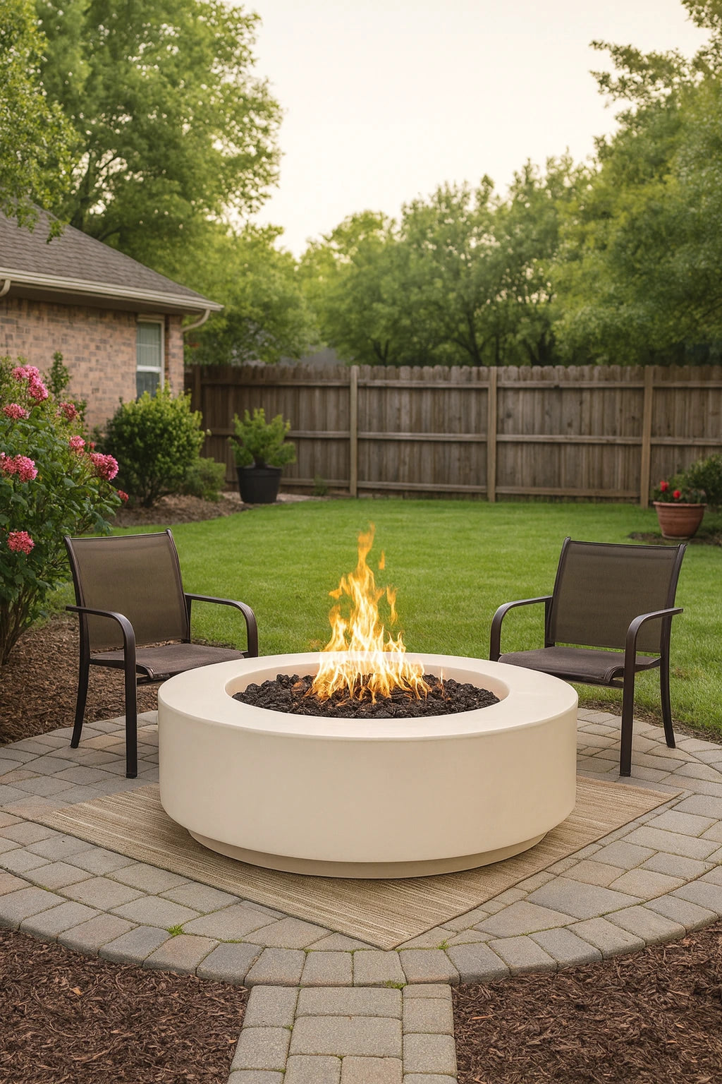 42" Florence Gas fire pit in a backyard with chairs and greenery.