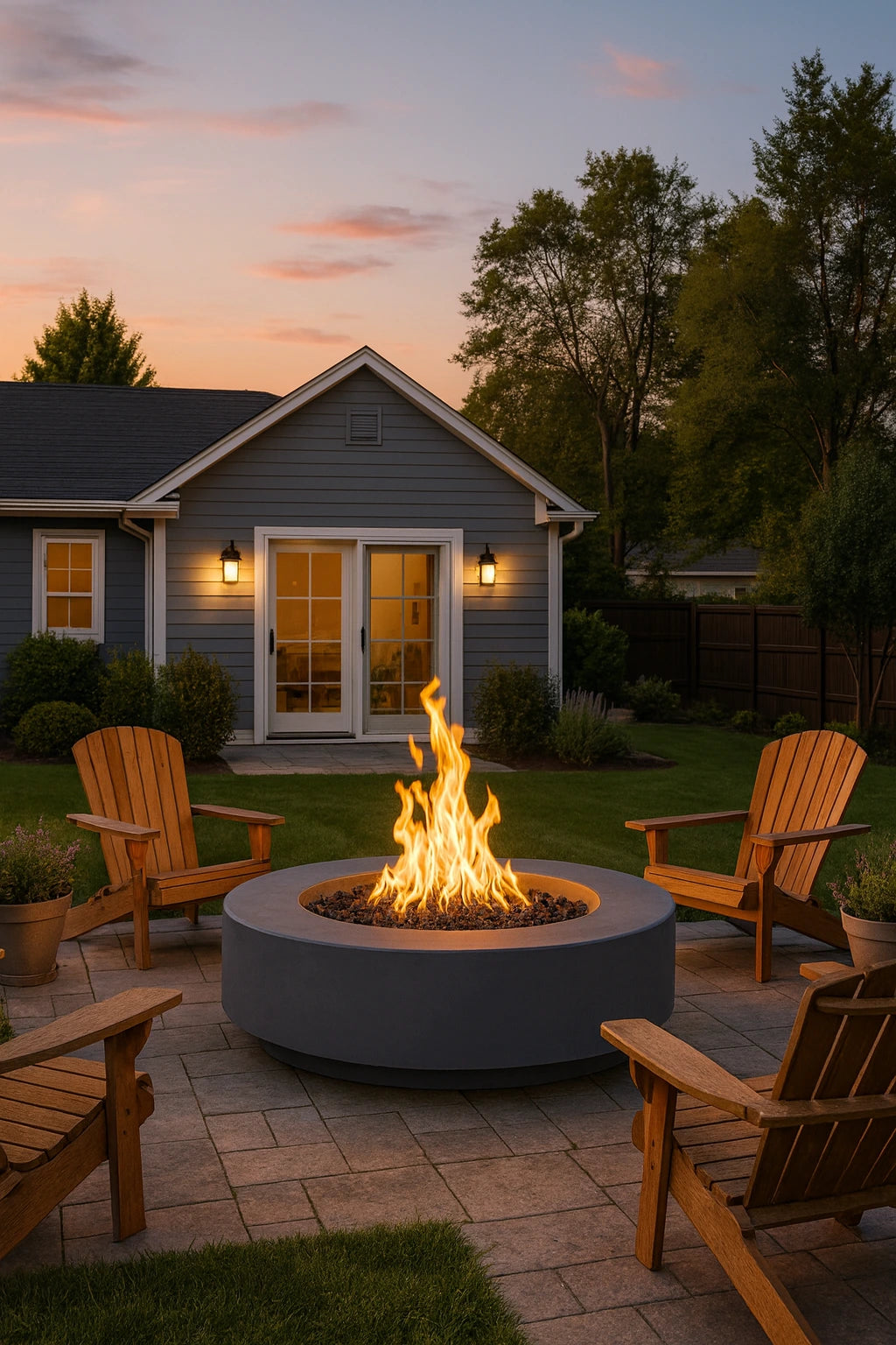 Outdoor patio with 42" Florence Gas Fire Pit, chairs, and house in the background during sunset.