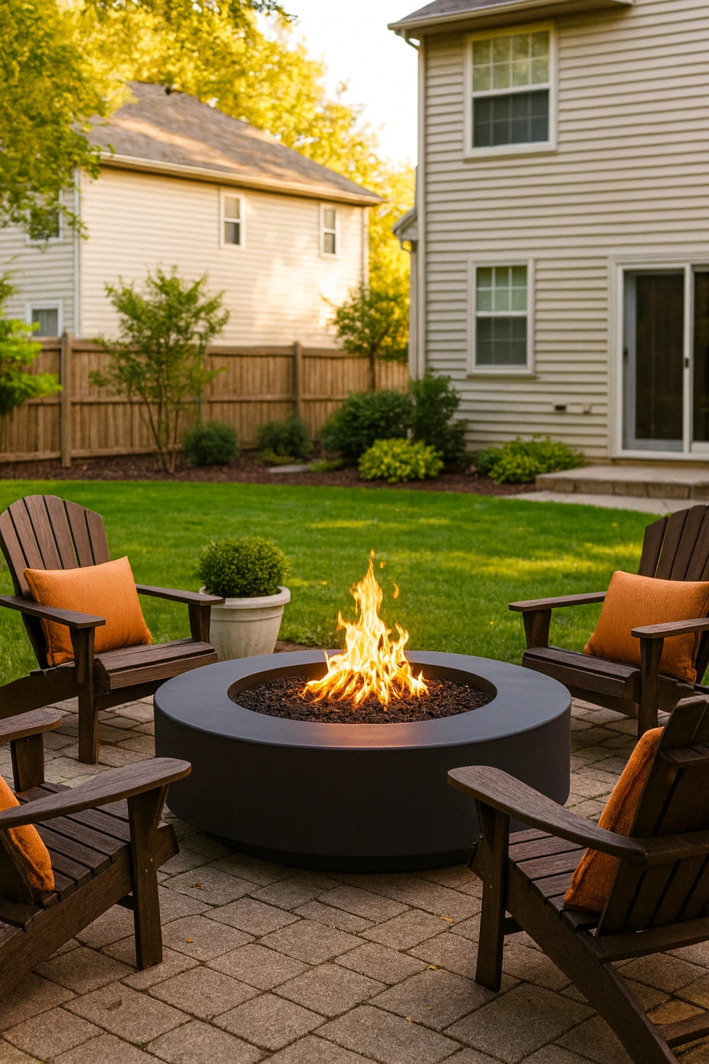 Outdoor patio with 42" Florence Gas fire pit, chairs, and decorative elements in a residential backyard.