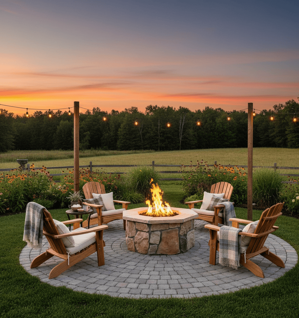 A country suburban backyard featuring lit up 42″ Octagon Custom Stone Gas Fire Pit.