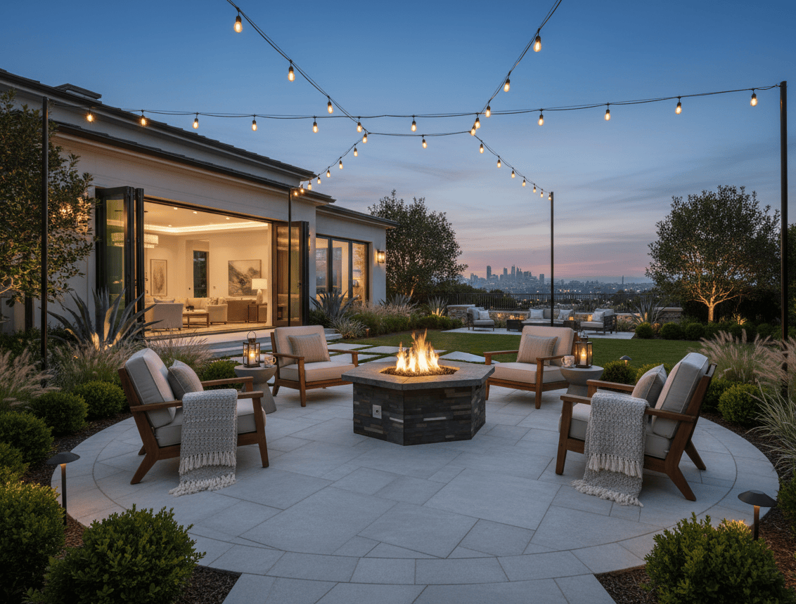An upscale backyard with a city view and 42″ Octagon Custom Stone Gas Fire Pit with flames.