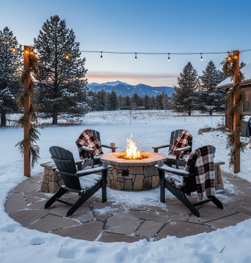 A photo of a lit up 42″ Octagon Custom Stone Gas Fire Pit in a countryside backyard during winter.