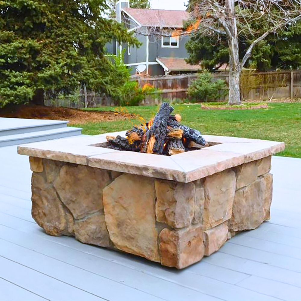 42" Square Custom Stone Gas Fire Pit