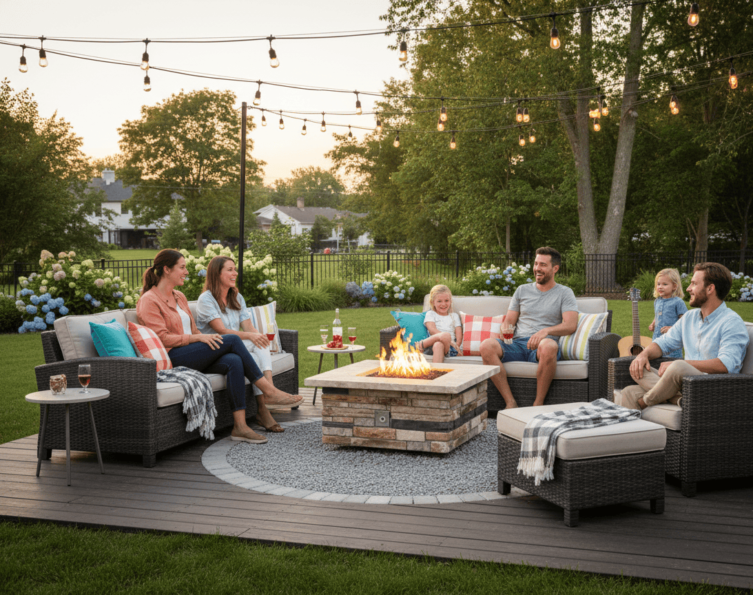 Family gathering around a 42" Square Custom Stone Gas Fire Pit on a patio with string lights and outdoor furniture.