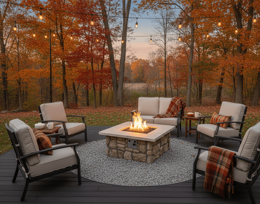 Outdoor patio with 42" Square Custom Stone Gas Fire Pit surrounded by chairs and tables under autumn trees.