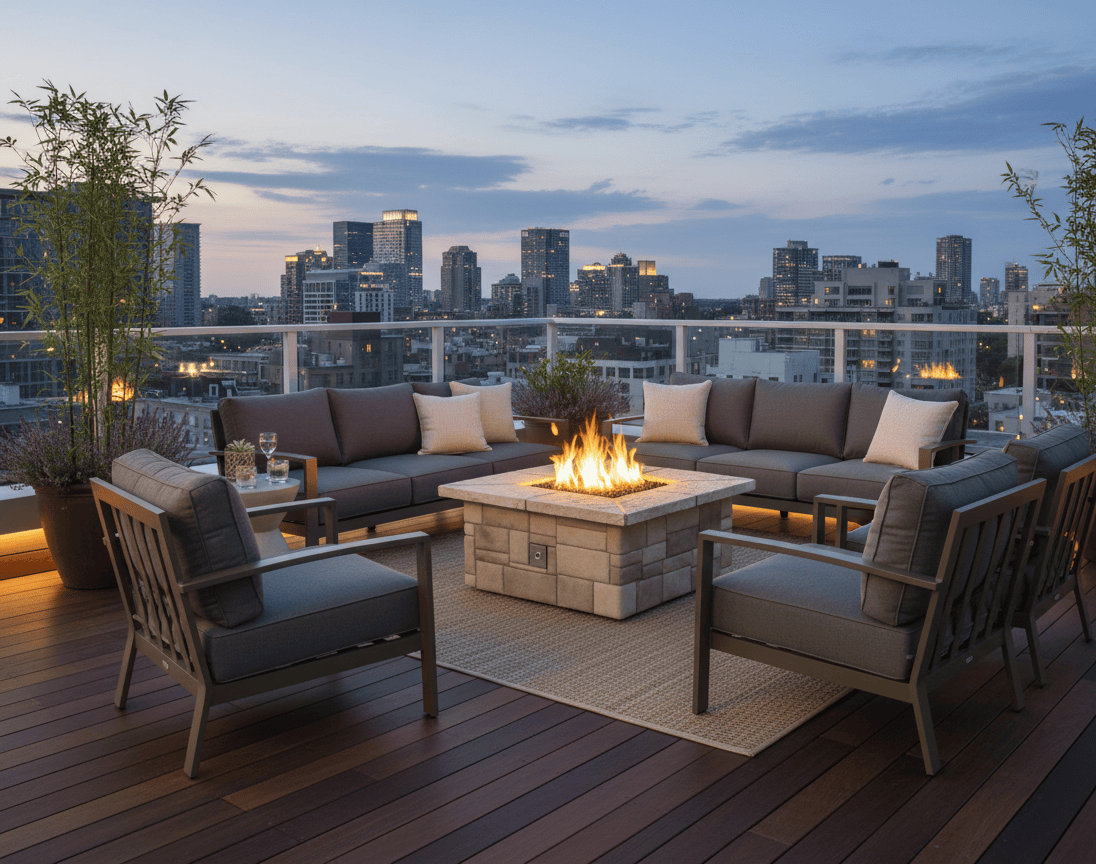 42" Square Custom Stone Gas Fire Pit on a modern upscale condo patio.