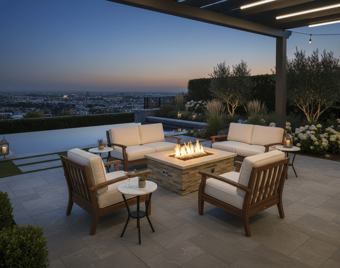 Outdoor patio with seating area and a 46″ Square Custom Stone Gas Fire Pit at dusk