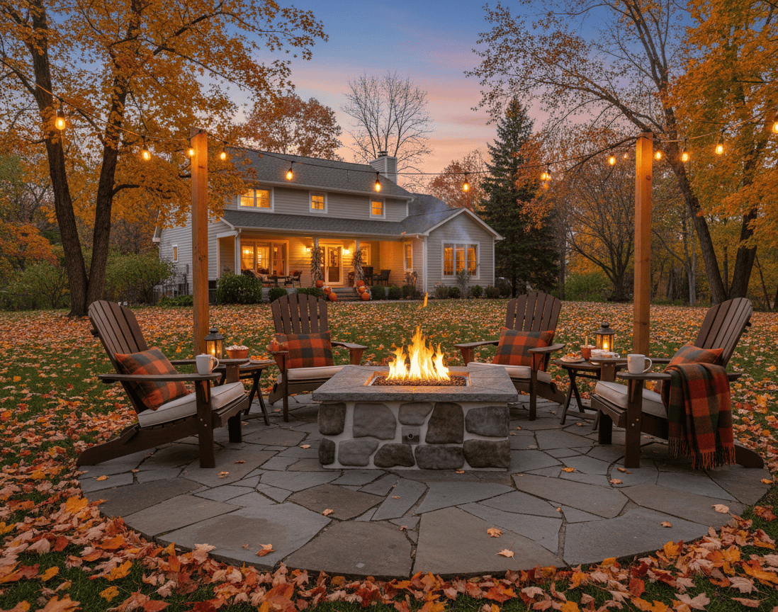 Outdoor patio with 46″ Square Custom Stone Gas Fire Pit, chairs, and autumn leaves in a residential setting.