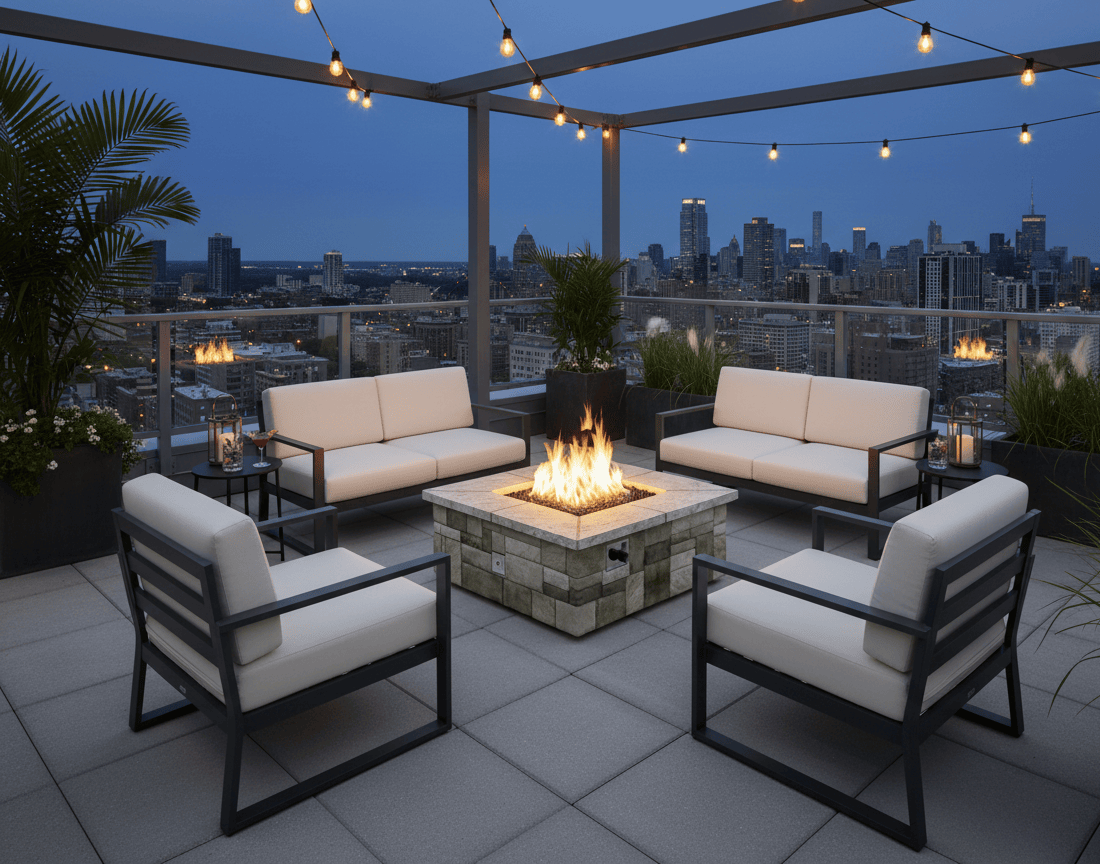 Outdoor patio setup with 46″ Square Custom Stone Gas Fire Pit and city skyline view at night