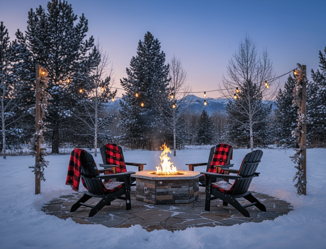 A lit up 46" Octagon Custom Stone Gas Fire Pit in a winter countryside backyard.