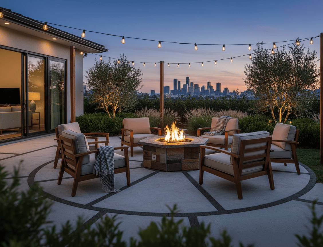 A modern patio with a 46" Octagon Custom Stone Gas Fire Pit with a city view.
