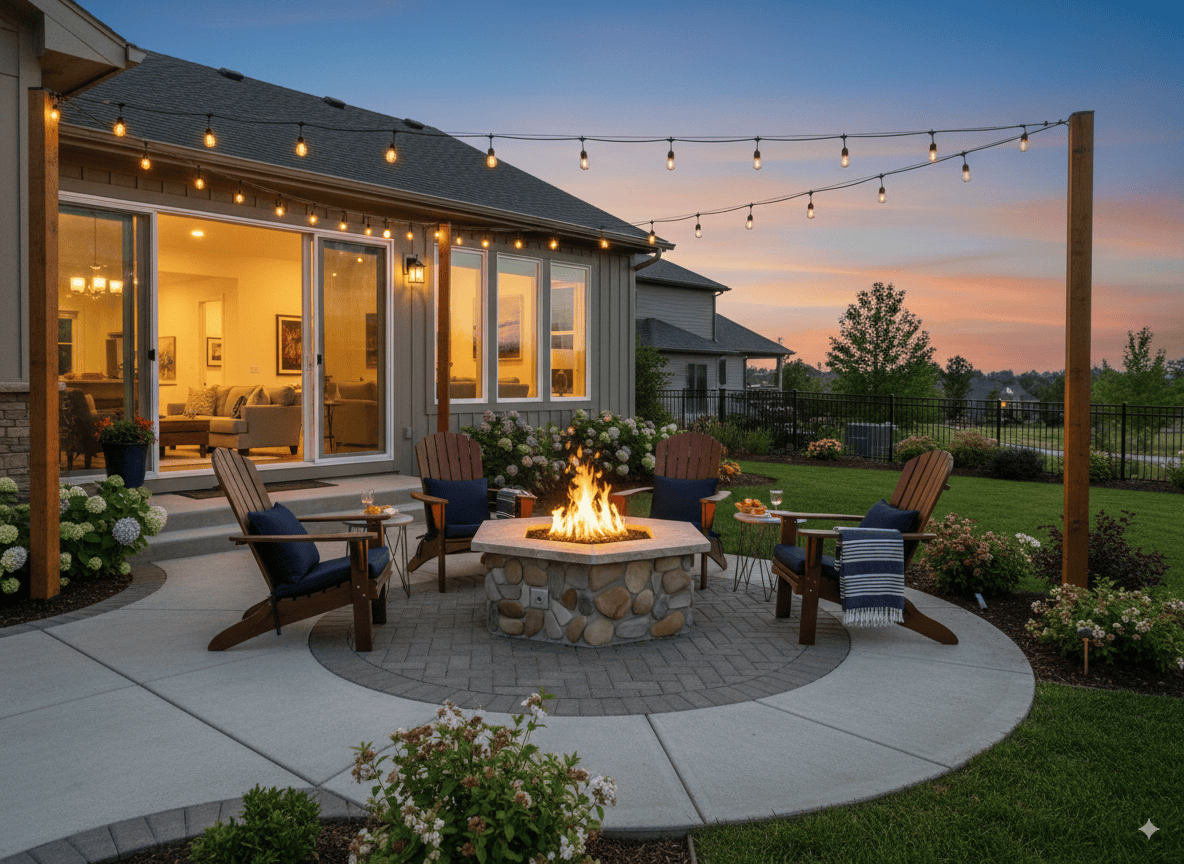 A modern suburban patio with 46" Octagon Custom Stone Gas Fire Pit.