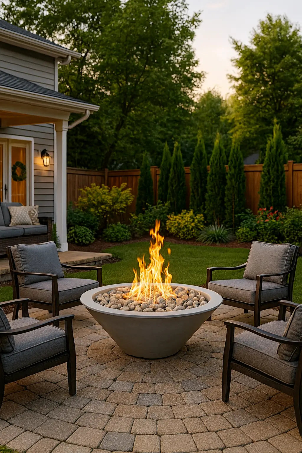 Outdoor patio with 48" Cazo Gas fire pit, chairs, and a house in the background.