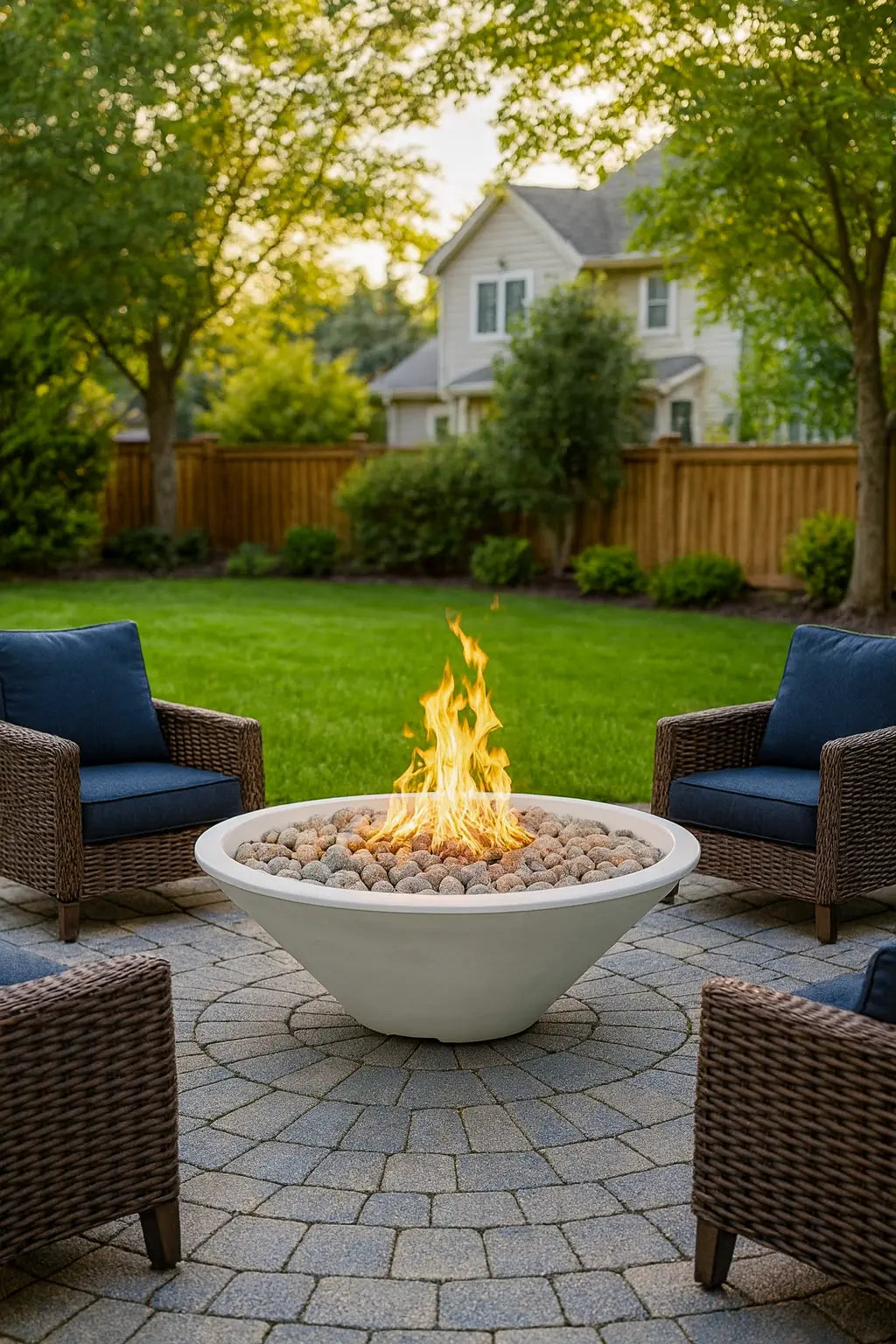 Outdoor patio with 48" Cazo Gas Fire Pit, chairs, and greenery.