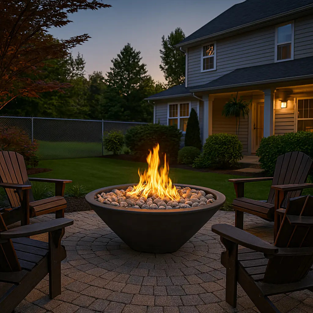 A backyard with a 48" Cazo Gas Fire Pit - Narrow Ledge.