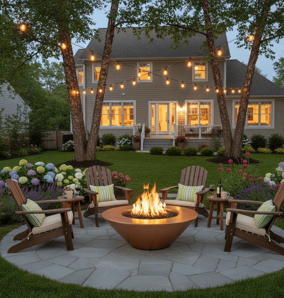 Outdoor patio with 48" Cazo Gas fire pit, chairs, and string lights around a house.