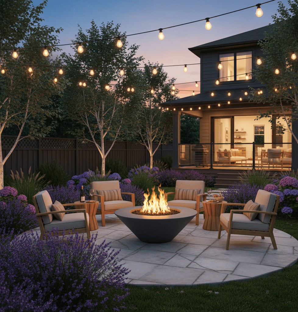 Outdoor patio with 48" Cazo gas fire pit, chairs, and string lights in a garden setting.