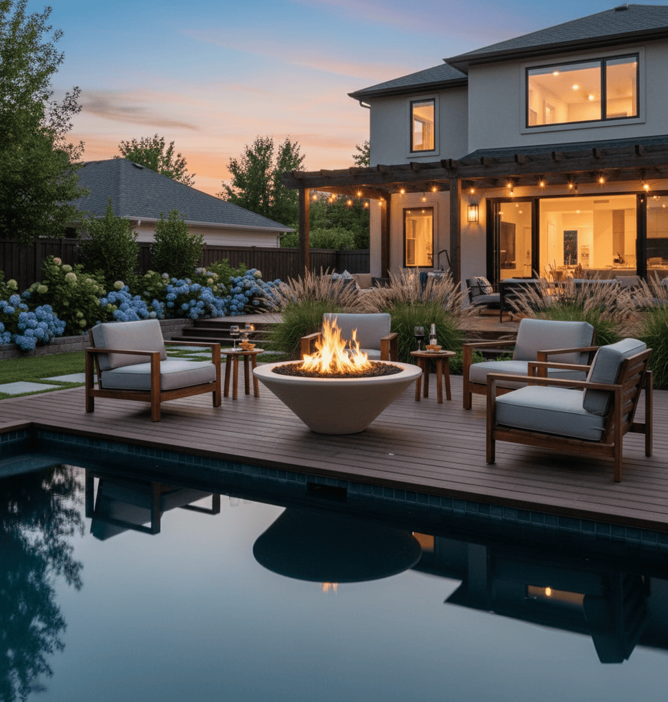Outdoor patio with 48" Cazo Gas fire pit, chairs, and pool at dusk.