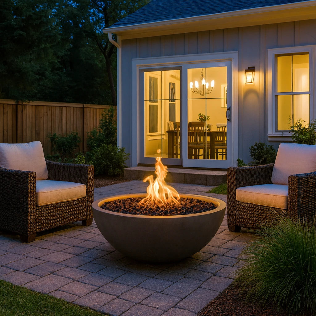 Outdoor patio with 48" Sedona Gas Fire Pit Bowl, chairs, and house interior visible