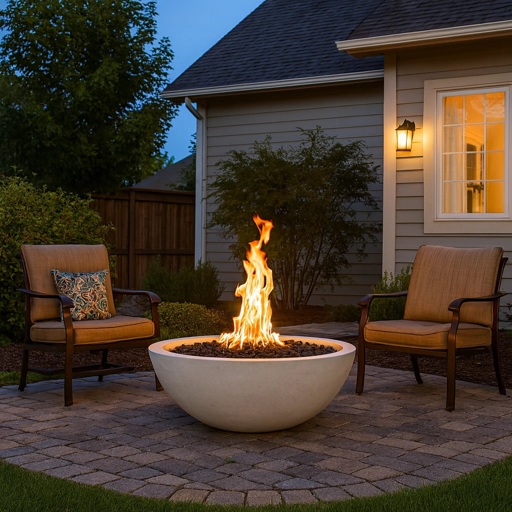 48" Sedona Gas Fire Pit Bowl with two chairs on a patio at night