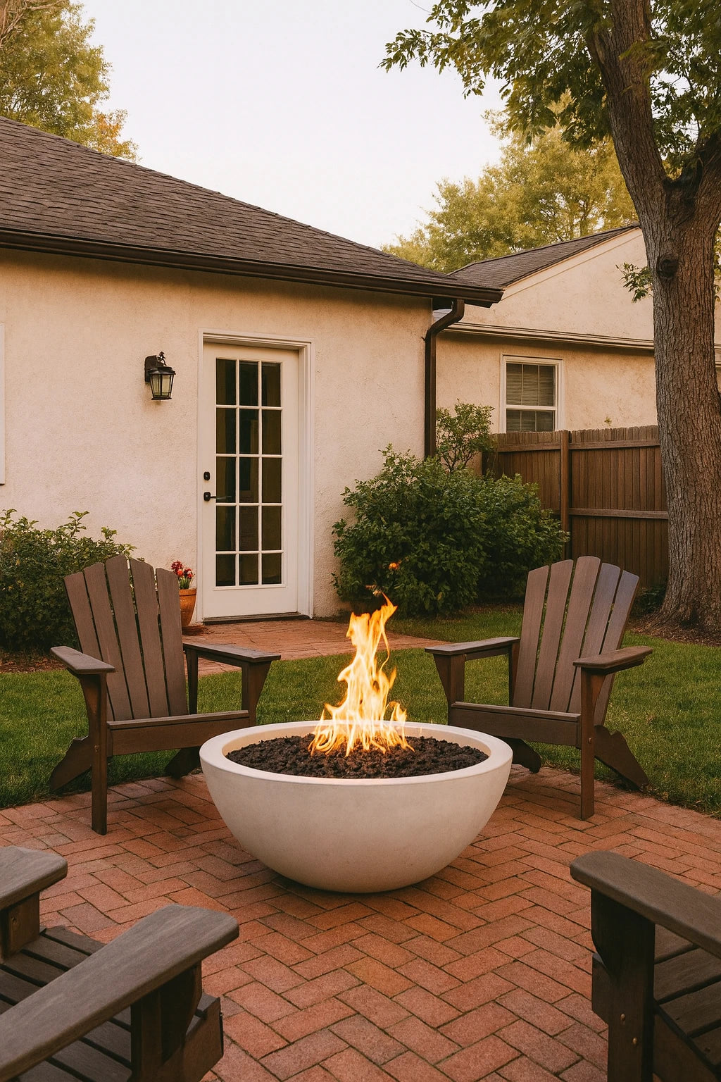 Outdoor patio with 48" Sedona Gas Fire Pit Bowl, chairs, and a house in the background