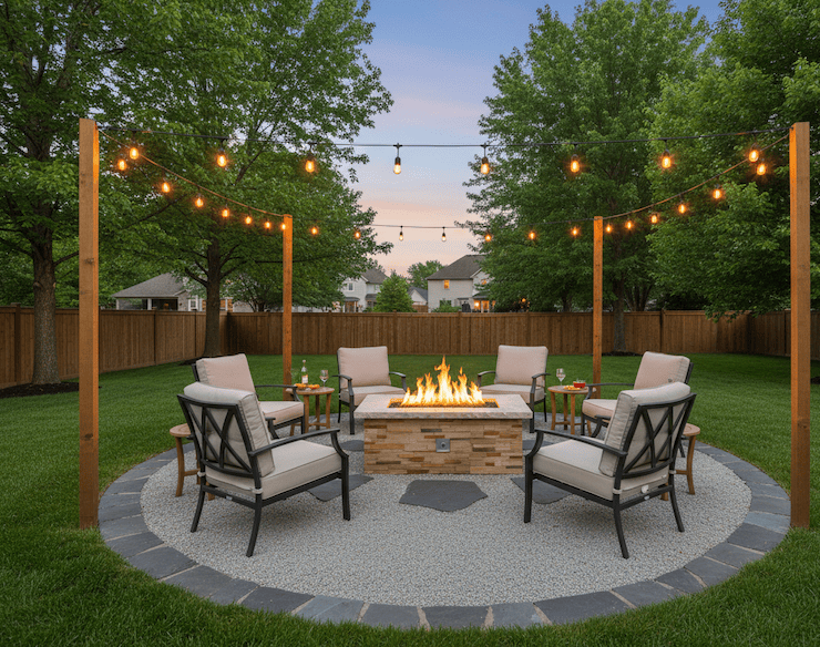 Backyard setting with a 48″ x 30″ Rectangle Custom Stone Gas Fire Pit surrounded by chairs and string lights.