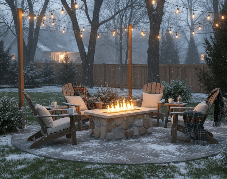 Outdoor patio with 48″ x 30″ Rectangle Custom Stone Gas Fire Pit, chairs, and string lights during a snowfall.