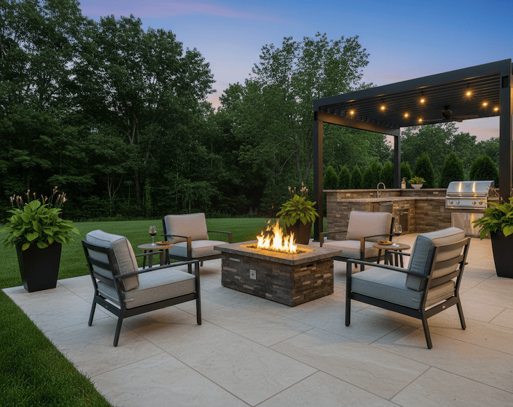Outdoor patio with 48″ x 30″ Rectangle Custom Stone Gas Fire Pit, chairs, and pergola at dusk.