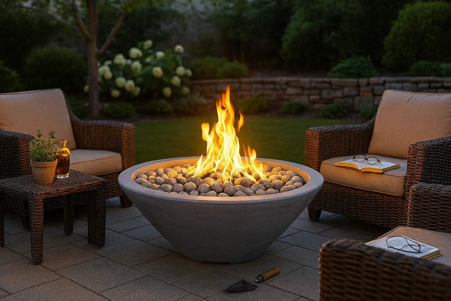 60" Cazo Gas Fire Pit with Narrow Ledge with flames in a backyard setting with chairs and a table.